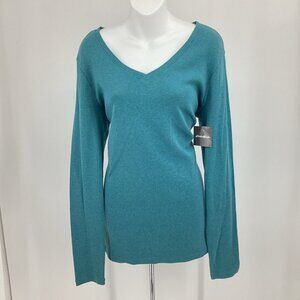 Eddie Bauer Womens Sz XL Tall Long Sleeve Favorite Tee Tall Jade Blue V Neck NWT